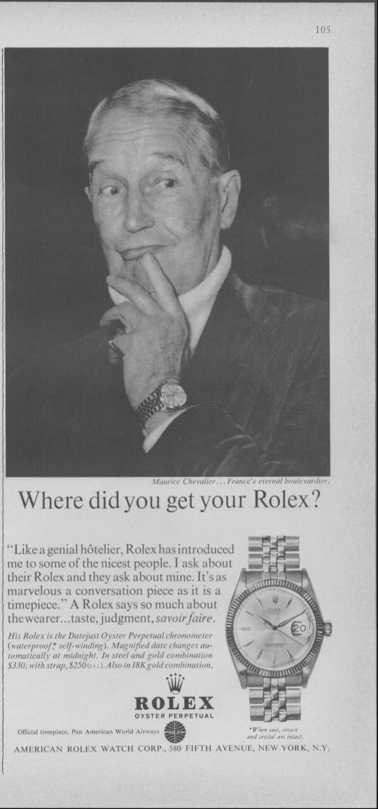 Vintage 1960s Rolex Datejust Oyster Perpetual original print advertisement featuring Maurice Chevalier in black and white portrait with 'Where did you get your Rolex?' headline and Pan Am official timepiece designation