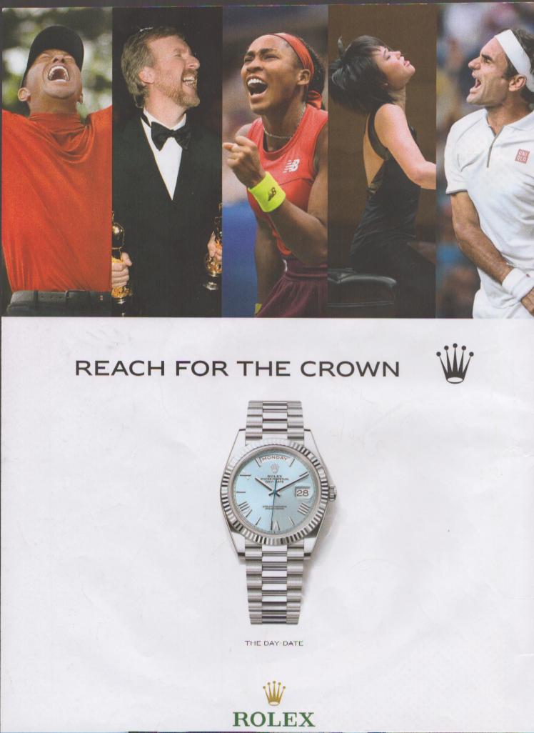 Vintage 2020s Rolex Day-Date President original print advertisement, five celebrity ambassadors celebrating victories above platinum watch with ice-blue dial and 'Reach for the Crown' headline