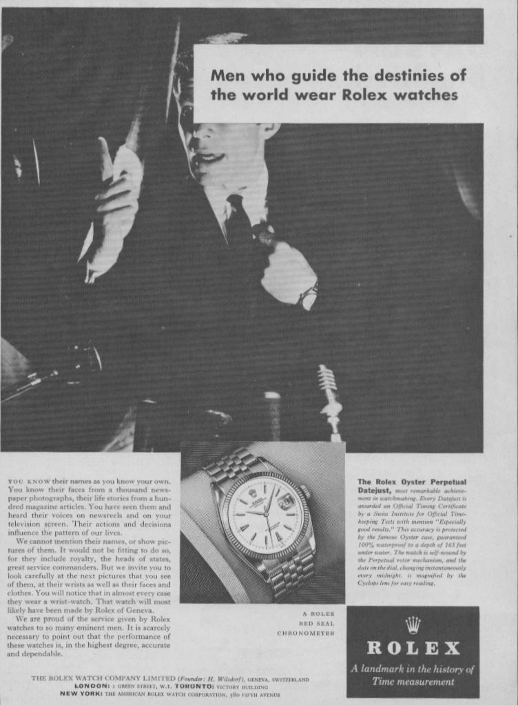 Vintage 1950s Rolex Datejust original print advertisement, black and white image of commanding figure at podium with Rolex on wrist, product shot of fluted bezel Datejust below, 'Men Who Guide the Destinies of the World' headline