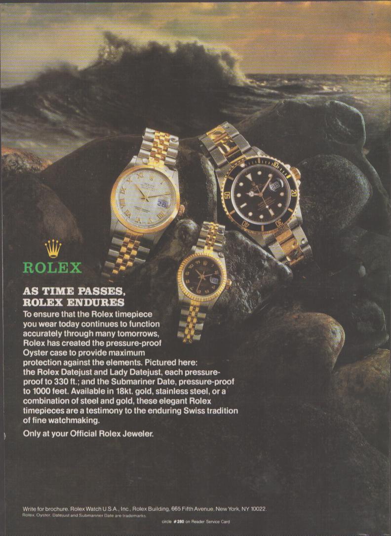 Vintage 1980s Rolex Submariner Datejust Lady Datejust original print advertisement, three two-tone watches arranged on ocean rocks beneath dramatic stormy sky