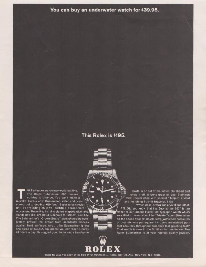 Vintage 1960s Rolex Submariner 660 original print advertisement, black background with bold headline comparing $39.95 watch to $195 Rolex, featuring Submariner on oyster bracelet