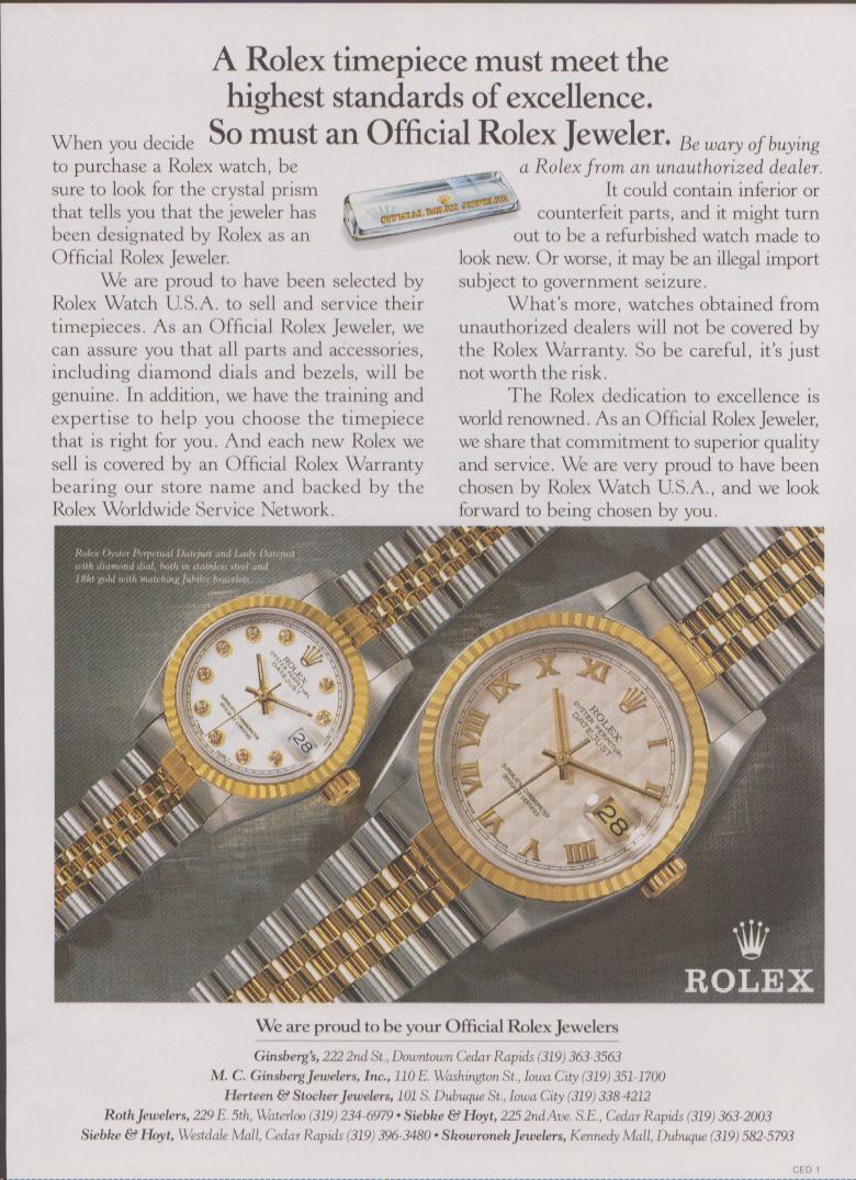 Vintage 1980s Rolex Datejust original print advertisement, featuring steel and gold Datejust and Lady Datejust with Jubilee bracelets on grey background