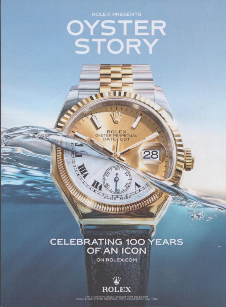 Vintage 2005 Rolex Oyster Perpetual Datejust original print advertisement, two-tone gold and steel watch emerging from water with champagne dial, centennial Oyster Story campaign
