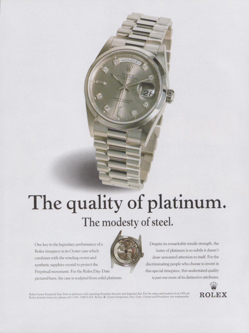 Vintage 1990s Rolex Day-Date President original print advertisement, platinum case and bracelet with diamond dial on white background