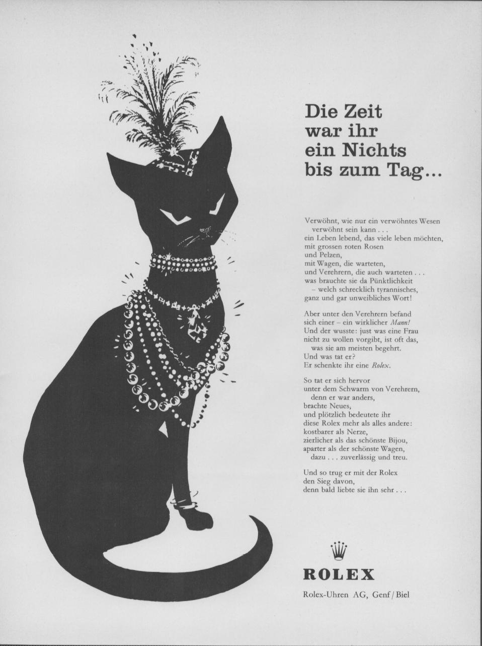 Vintage 1950s Rolex original print advertisement, black silhouette of a bejeweled cat wearing feathered hat and pearl necklaces with German-language copy