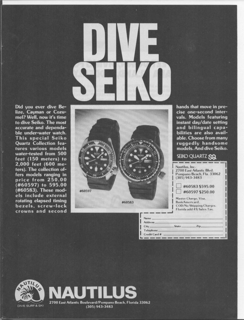Vintage 1970s Seiko Quartz Diver original print advertisement, bold 'Dive Seiko' headline above two black dial dive watches with rotating bezels on dark background