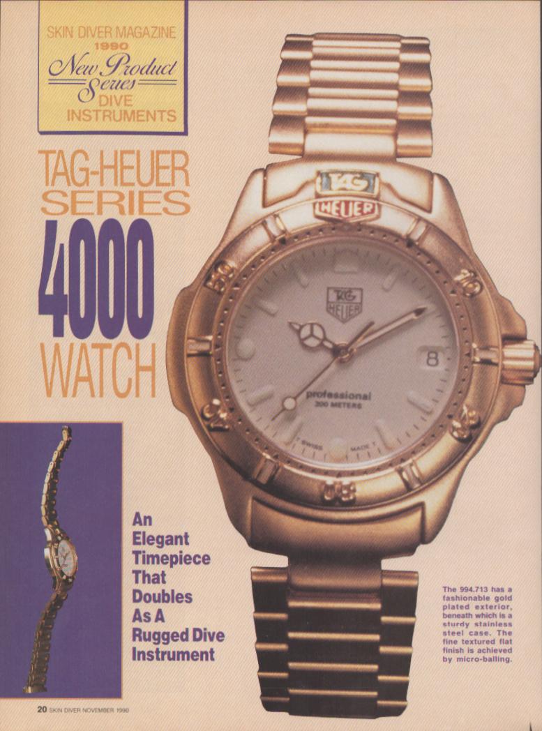 Vintage 1990 TAG Heuer Series 4000 Professional original print advertisement, gold-plated dive watch with white dial and 300-meter rating shown in close-up alongside smaller women's model