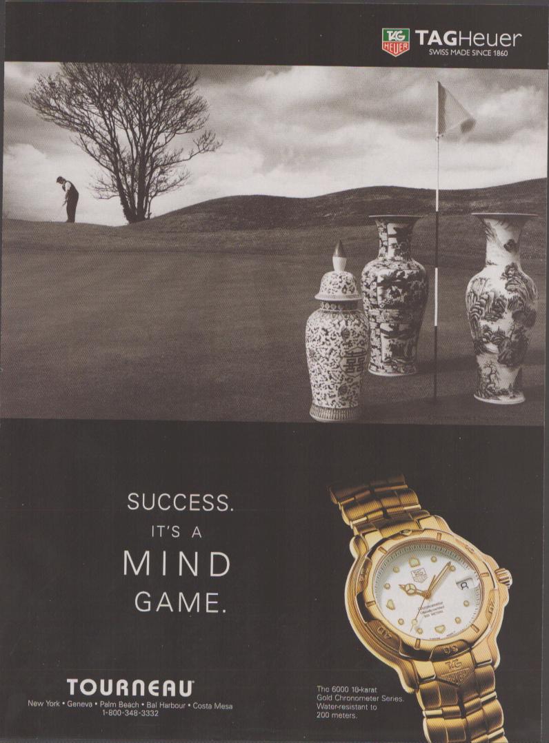 Vintage 1990s TAG Heuer 6000 Gold Chronometer Series original print advertisement, black and white golf course scene with porcelain vases and gold watch below 'Success. It's a Mind Game.' tagline