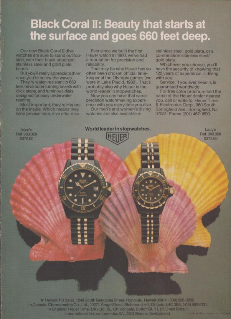 Vintage 1980s Heuer Black Coral II original print advertisement, men's and ladies' dive watches displayed on colorful scallop shells against grey-green background