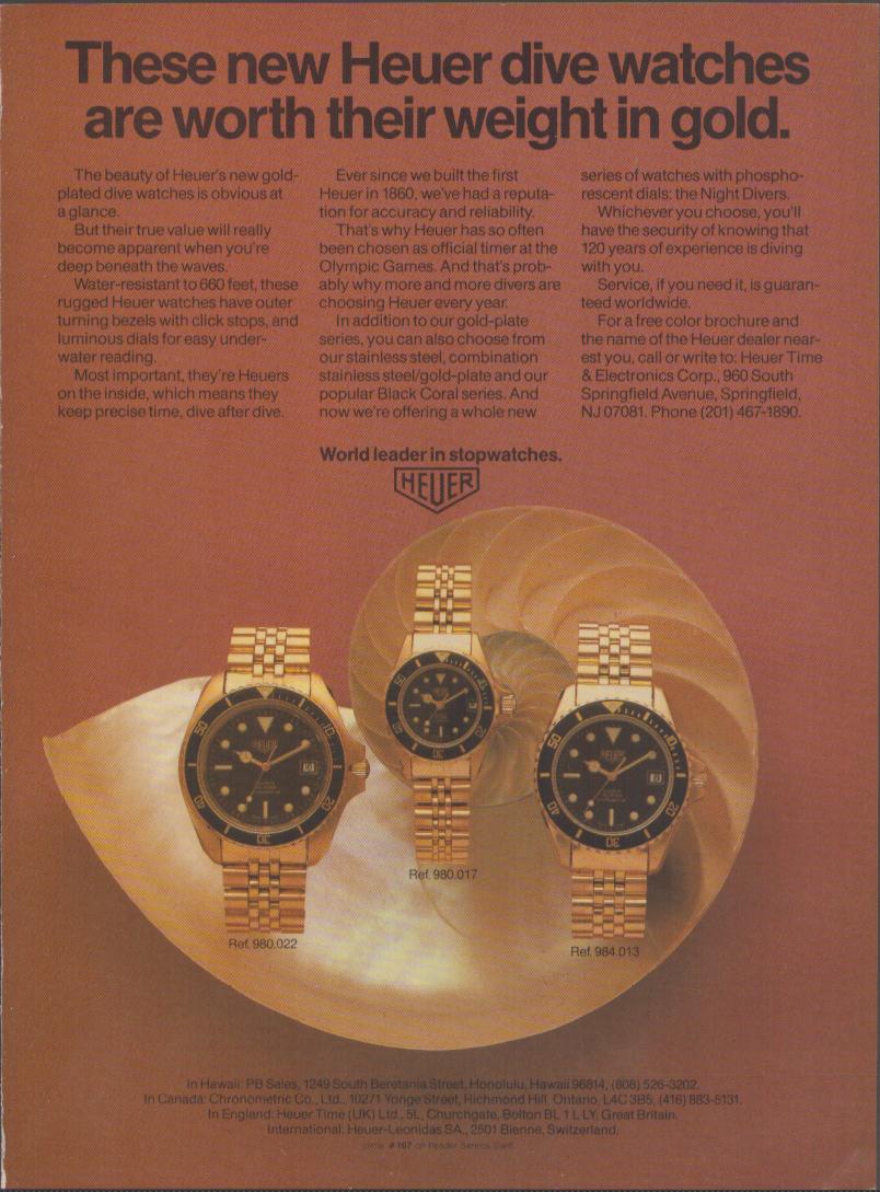 Vintage 1970s Heuer Night Diver original print advertisement featuring three gold-plated dive watches — Ref. 980.022, 980.017, and 984.013 — displayed on an amber shell background with headline 'These new Heuer dive watches are worth their weight in gold'