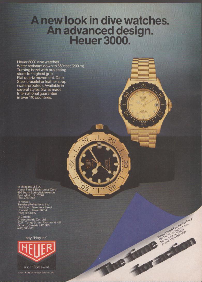 Vintage 1982 Heuer 3000 original print advertisement, two gold-tone dive watches displayed against a dark gradient background with 'The Time for Action' tagline