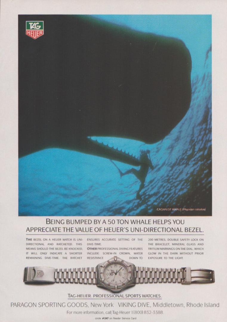 Vintage 1990s TAG Heuer Professional Sports Watch original print advertisement, scuba diver beside massive sperm whale jaw underwater with watch product shot below