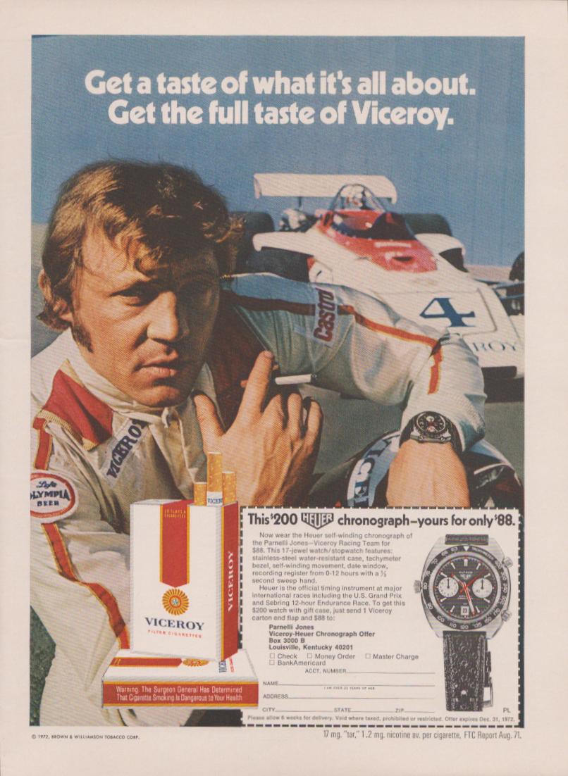 Vintage 1972 Heuer Chronograph Viceroy cigarettes original print advertisement, Parnelli Jones in racing suit beside Formula car with Heuer watch on wrist and Viceroy pack in foreground