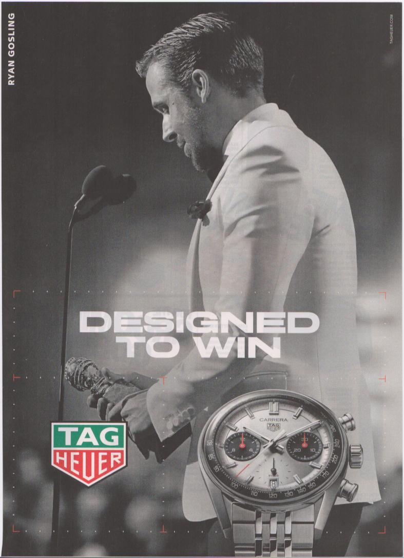 Vintage 2010s TAG Heuer Carrera original print advertisement, black-and-white photo of Ryan Gosling in tuxedo holding an award at a podium with Carrera chronograph inset