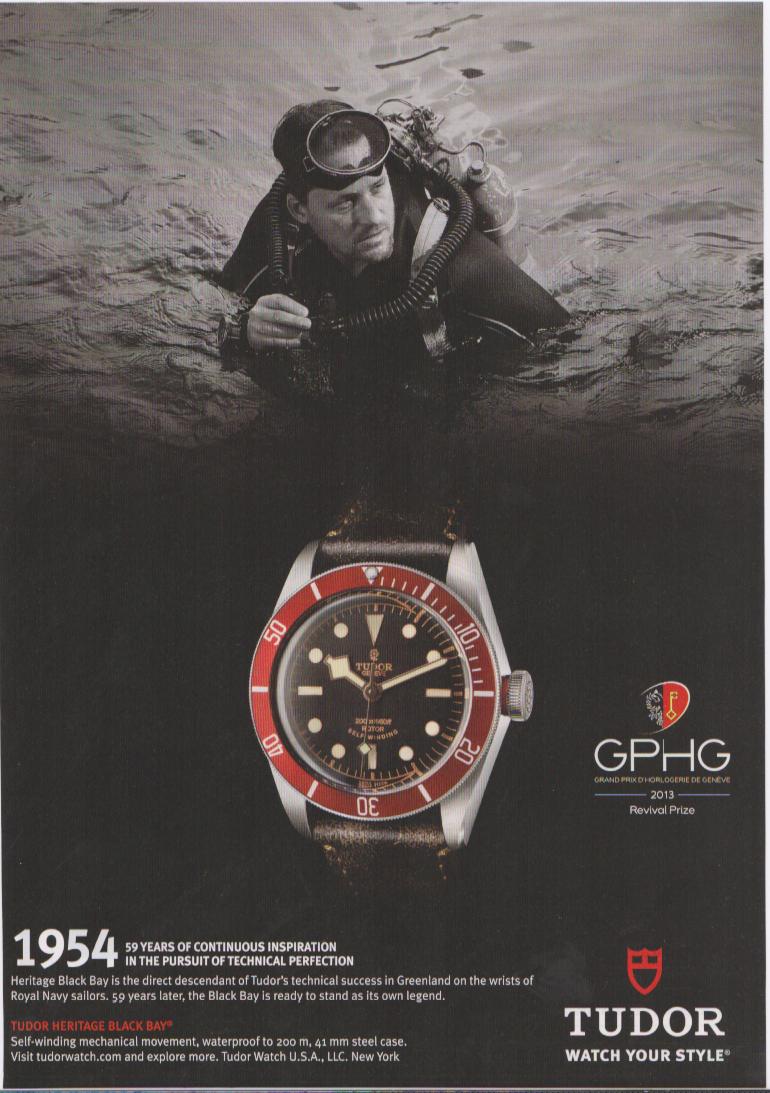 Vintage 2013 Tudor Heritage Black Bay original print advertisement, black-and-white scuba diver surfacing with color watch detail and GPHG 2013 Revival Prize badge