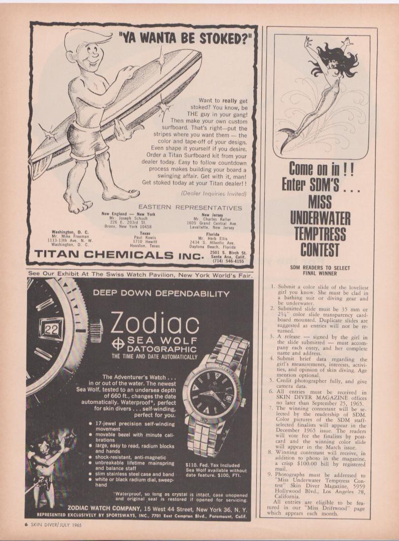 Vintage 1965 Zodiac Sea Wolf Datographic original print advertisement, black and white layout featuring close-up of dive watch with 'Deep Down Dependability' headline