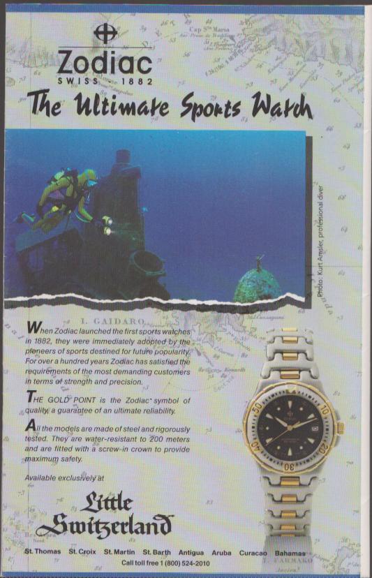 Vintage 1980s Zodiac Swiss The Ultimate Sports Watch original print advertisement, scuba diver underwater with two-tone dive watch and nautical chart background