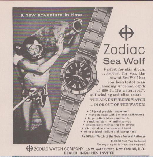 Vintage 1960s Zodiac Sea Wolf original print advertisement, black and white image of skin diver with stainless steel dive watch and bold copy reading 'a new adventure in time'
