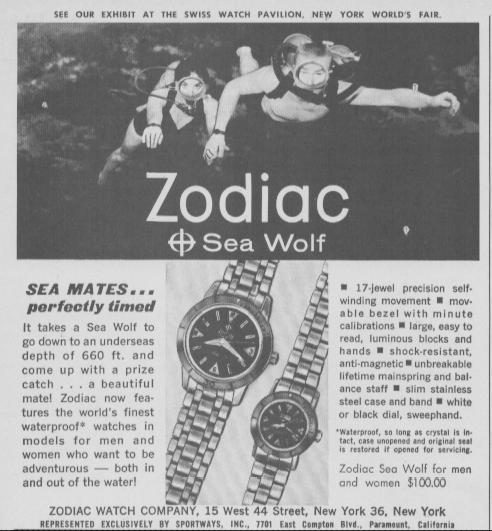Vintage 1964 Zodiac Sea Wolf original print advertisement, two scuba divers underwater with Sea Wolf watch detail and specifications