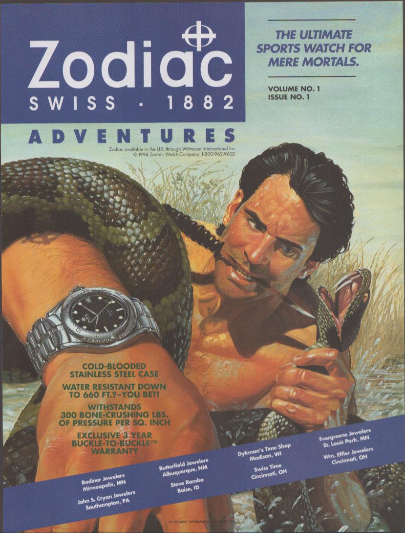 Vintage 1994 Zodiac Swiss Adventures original print advertisement, illustrated adventurer wrestling anaconda with diver watch on wrist, bold adventure campaign artwork