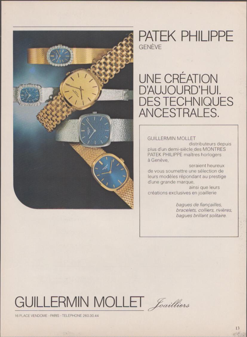 Vintage 1970s Patek Philippe Genève original print advertisement, four luxury dress watches with gold and silver bracelets and blue and champagne dials arranged on dark background, French language ad for Guillermin Mollet Joailliers Paris