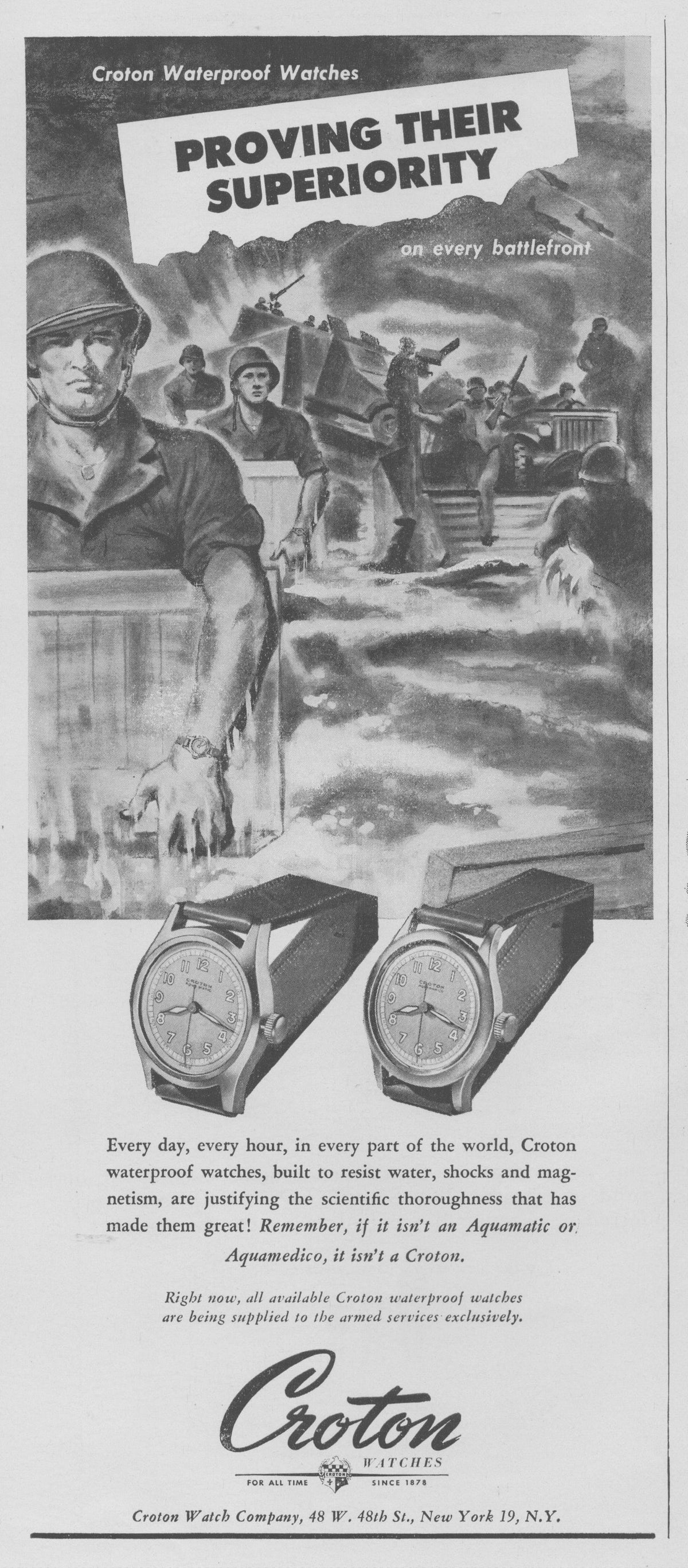 Vintage 1944 Croton Aquamatic waterproof watch original print advertisement, black and white WWII battlefield illustration with soldiers and two military watch models shown below