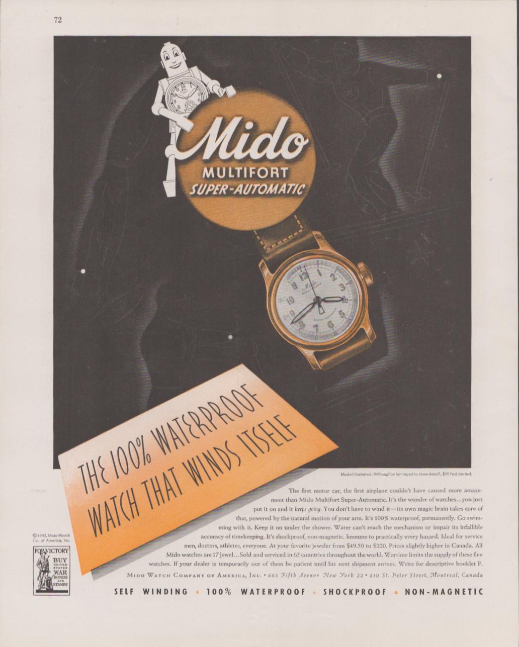 Vintage 1943 Mido Multifort Super-Automatic original print advertisement, robot mascot holding watch with bold waterproof headline on dark background