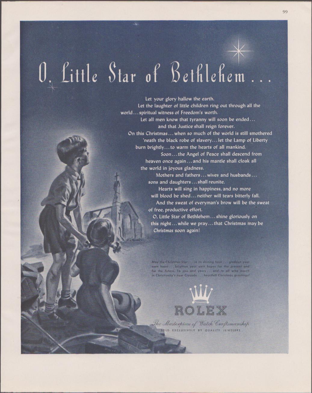Vintage 1944 Rolex original print advertisement, wartime Christmas scene with two children gazing at the Star of Bethlehem over a darkened landscape, 'O Little Star of Bethlehem' headline in script