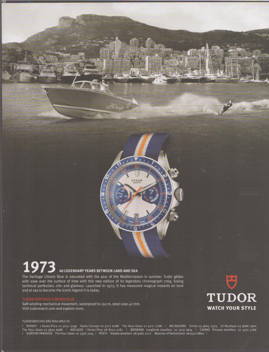 Vintage 2013 Tudor Heritage Chrono Blue original print advertisement, Monaco harbour background with speedboat and water skier, blue and orange NATO strap chronograph watch centred