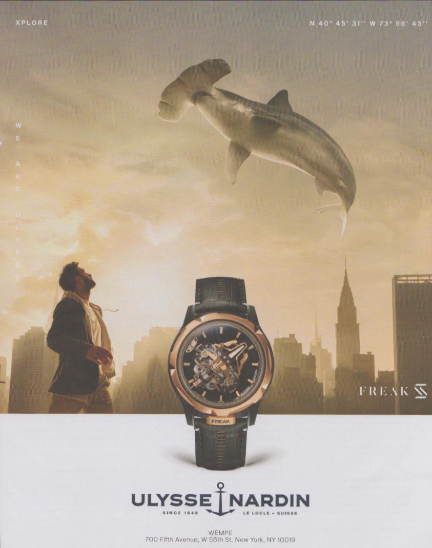 Vintage 2000s Ulysse Nardin Freak original print advertisement, surrealist scene with hammerhead shark over New York City skyline and skeletonized rose gold watch