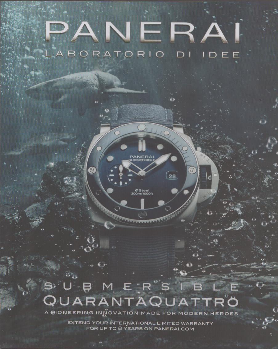 Vintage 2019 Panerai Submersible QuarantaQuattro original print advertisement, blue dial dive watch suspended in churning water with shark in background