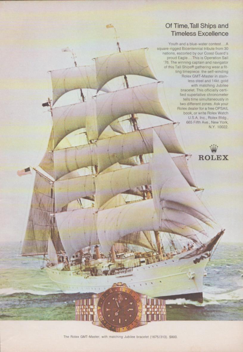 Vintage 1976 Rolex GMT-Master original print advertisement, majestic square-rigged tall ship under full sail on open seas with GMT-Master reference 1675 on Jubilee bracelet in foreground