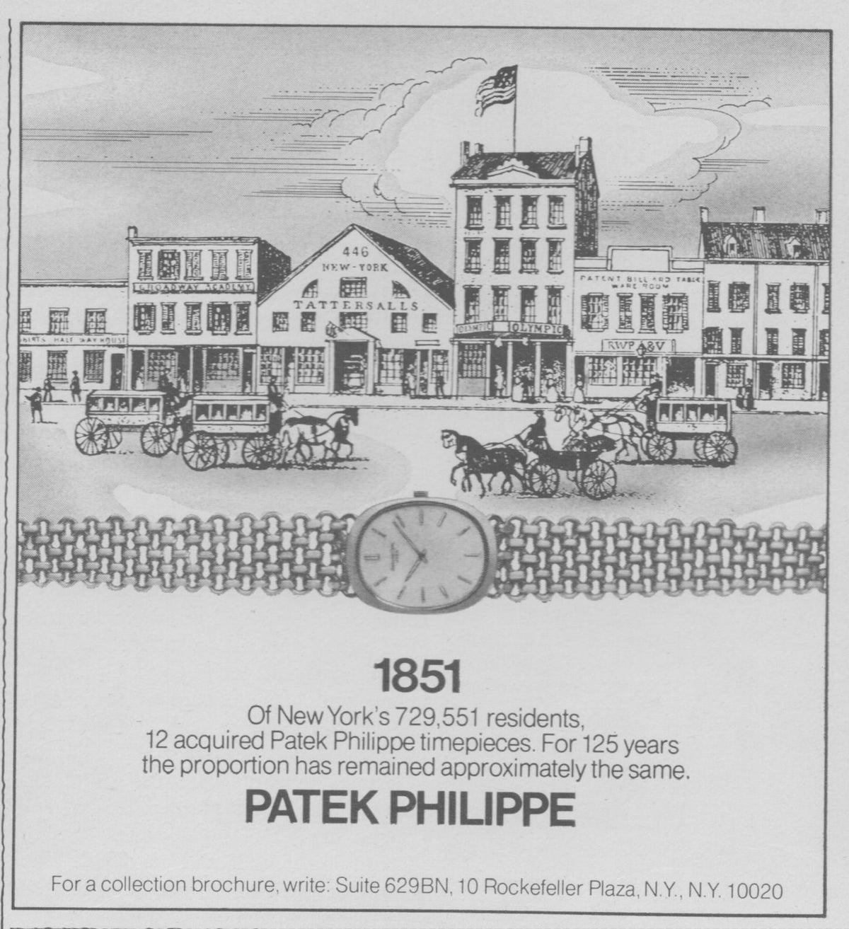 Vintage 1976 Patek Philippe original print advertisement, black and white engraving of 19th-century New York street scene with horse-drawn carriages above a slim dress watch on woven bracelet