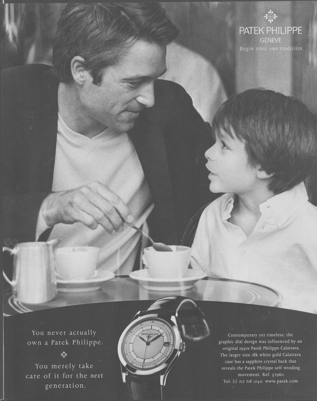 Vintage 2000s Patek Philippe Calatrava Ref. 5296G original print advertisement, black and white image of father and son sharing a moment at table with watch detail below