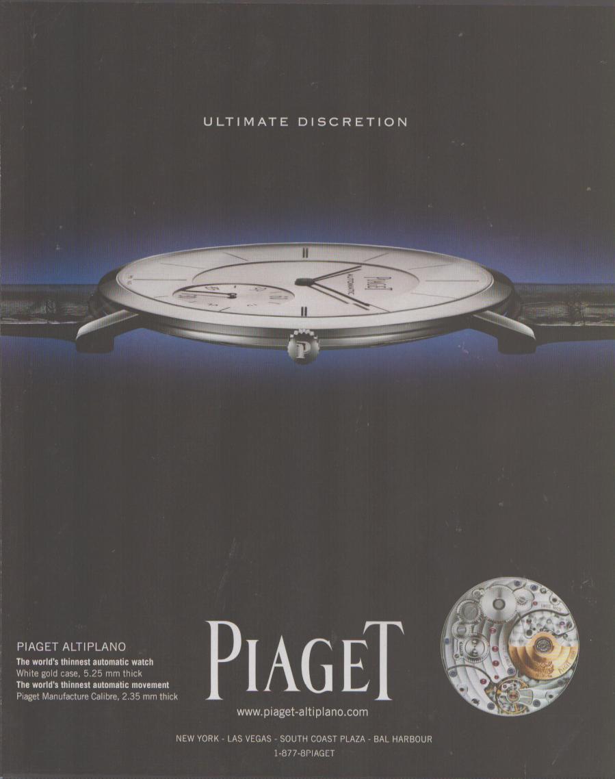 Vintage 2000s Piaget Altiplano original print advertisement, dramatic low-angle view of ultra-thin white gold watch floating against dark skyline with movement detail inset