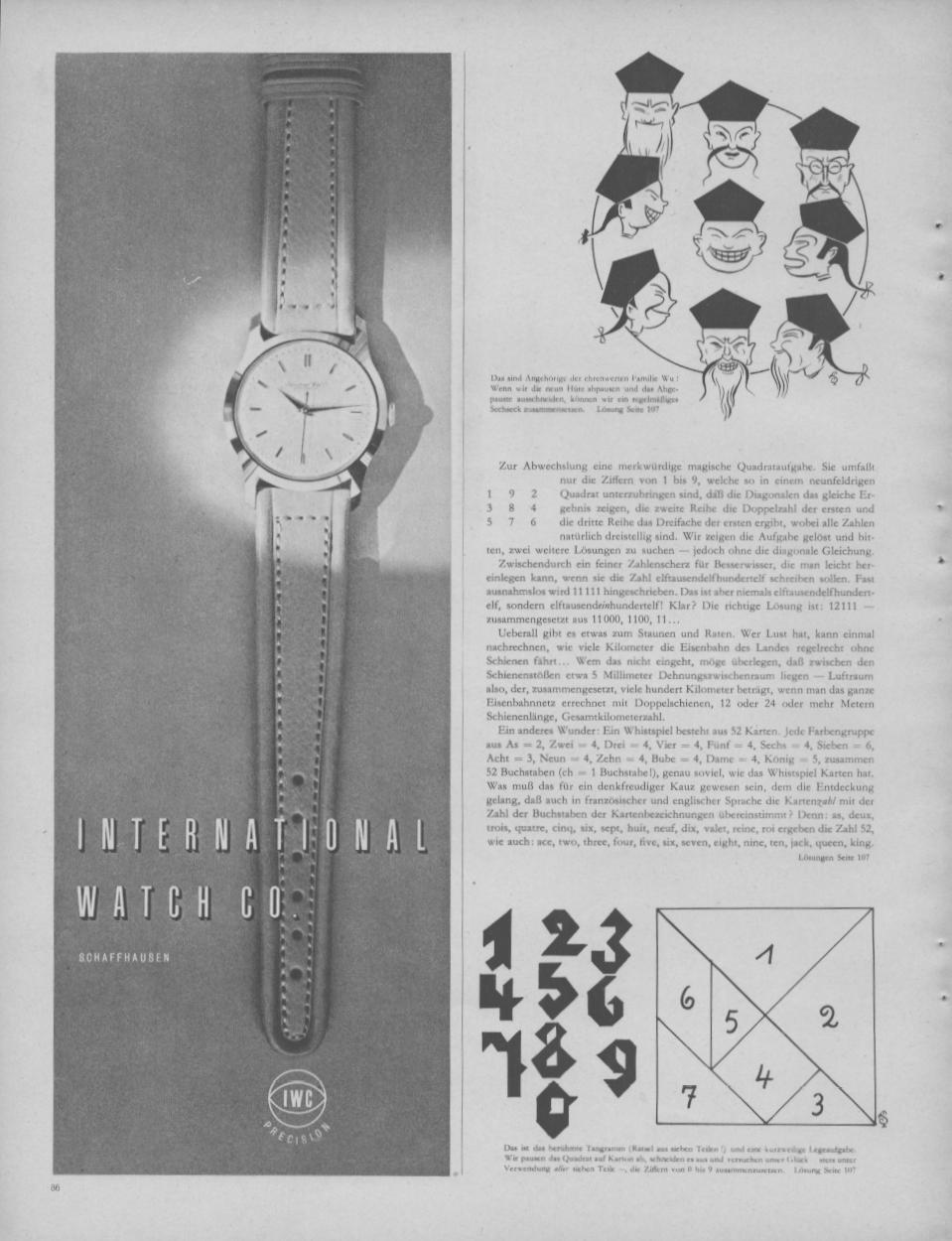 Vintage 1950s IWC International Watch Co. Schaffhausen original print advertisement, black and white image of dress watch on leather strap with spotlight background and IWC Precision logo