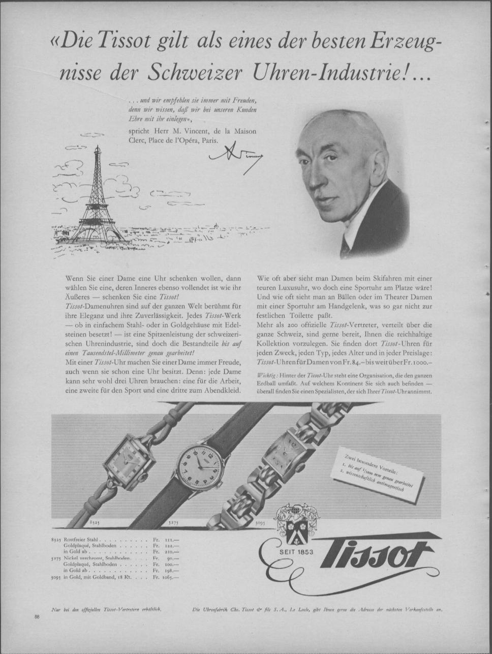Vintage 1950s Tissot ladies watch collection original print advertisement, German-language layout featuring three dress watches, Eiffel Tower illustration, and portrait endorsement from Parisian retailer