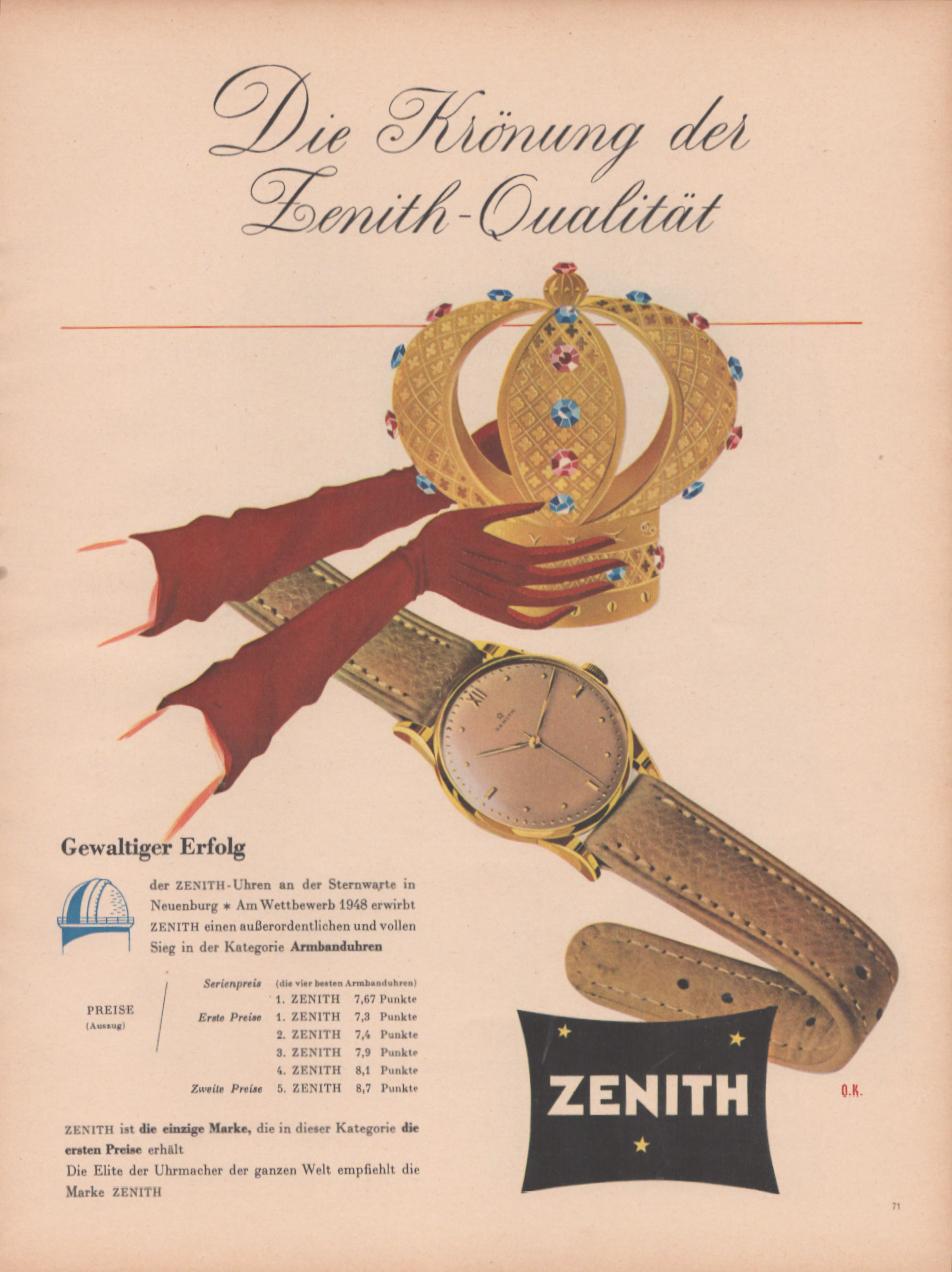 Vintage 1948 Zenith watch original print advertisement, red-gloved hands holding a jeweled golden crown above a gold-cased Zenith dress watch with leather strap, German language text celebrating 1948 Neuchâtel Observatory competition victory