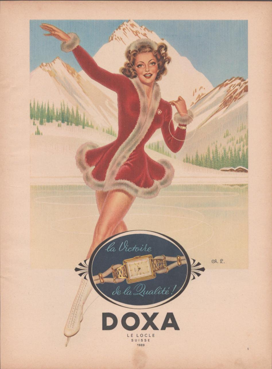 Vintage 1950s Doxa Swiss watch original print advertisement, illustrated figure skater in red fur-trimmed dress on Alpine ice rink with gold ladies dress watch inset