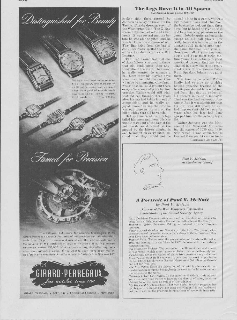 Vintage 1940s Girard-Perregaux fine watches original print advertisement, black and white layout featuring dress watch collection and movement close-up with 'Distinguished for Beauty' and 'Famed for Precision' headlines