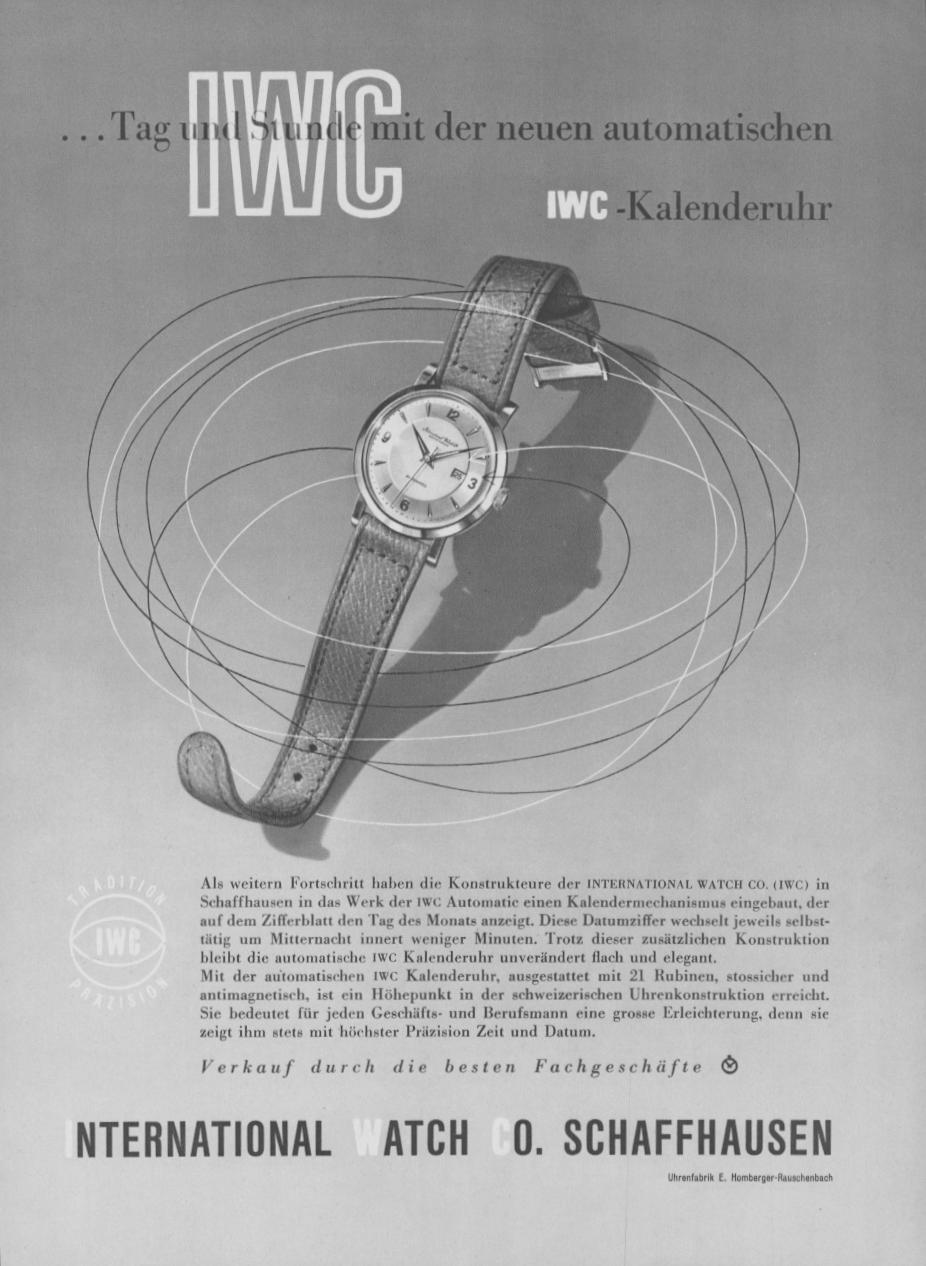 Vintage 1950s IWC Kalenderuhr original print advertisement, black and white with watch floating above concentric orbit graphic lines, German-language text