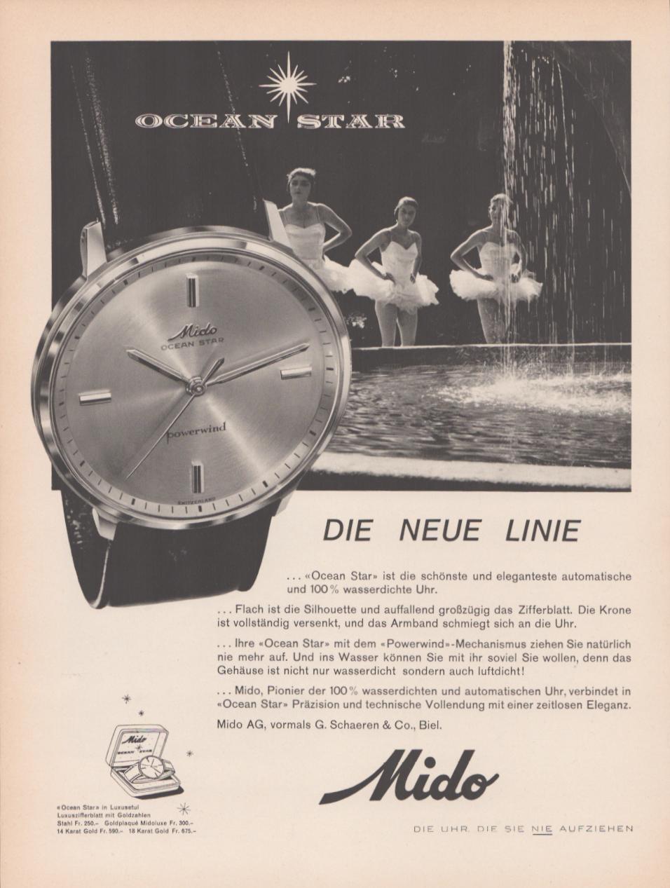 Vintage 1960s Mido Ocean Star Powerwind original print advertisement, black and white image featuring oversized watch dial alongside ballerinas at a fountain with German copy
