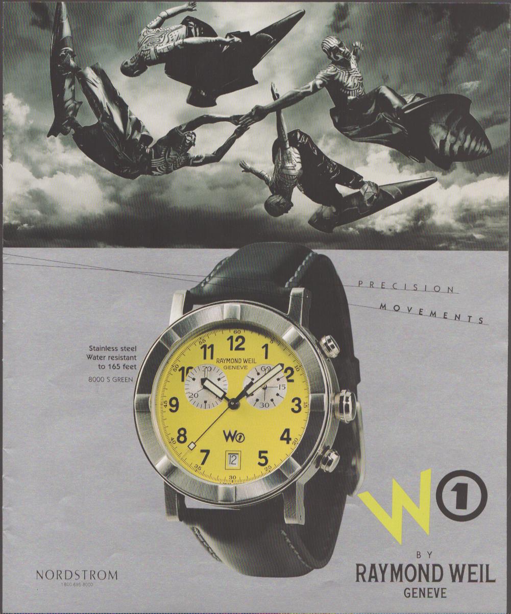 Vintage 2000s Raymond Weil W1 Chronograph original print advertisement, dramatic skydiving formation above bold yellow-dialed sport watch with black leather strap