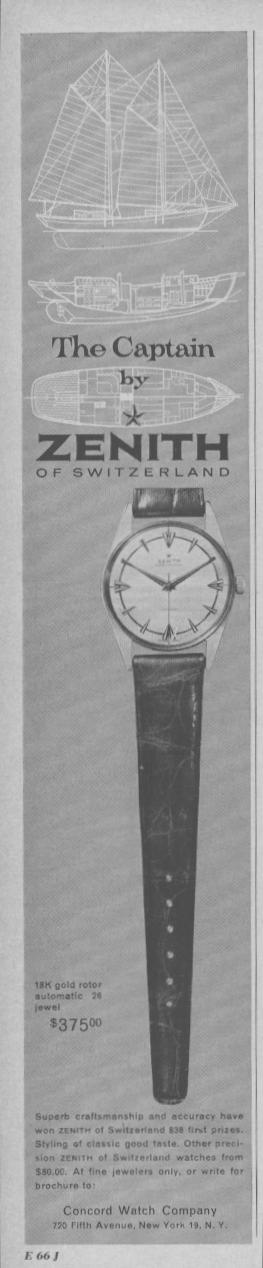 Vintage 1966 Zenith The Captain original print advertisement, black and white ad featuring sailing ship blueprint illustrations above a classic automatic dress watch on leather strap