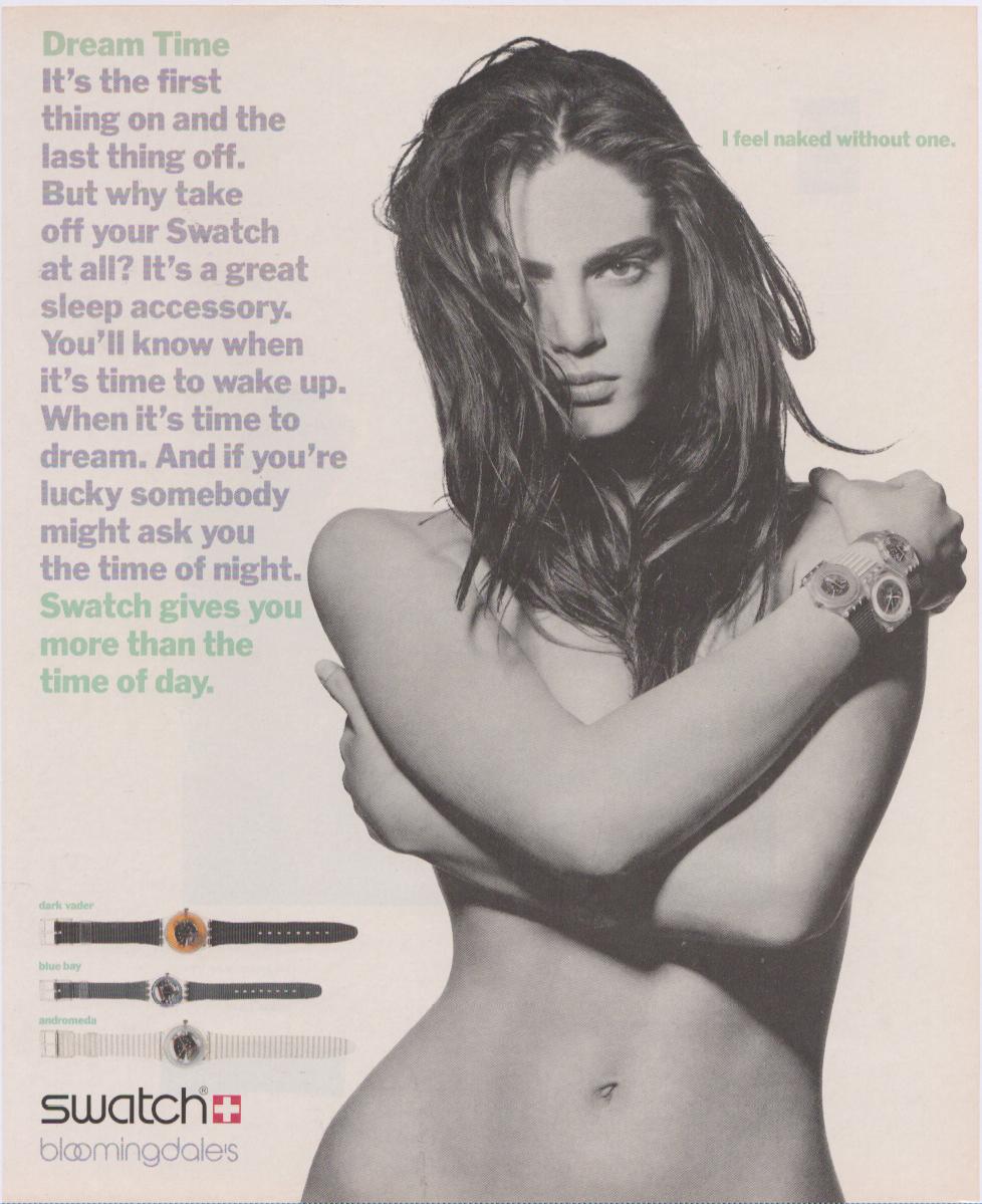 Vintage 1988 Swatch Dream Time original print advertisement, black and white photo of model wearing Swatch watches with green headline text and three watch models displayed below