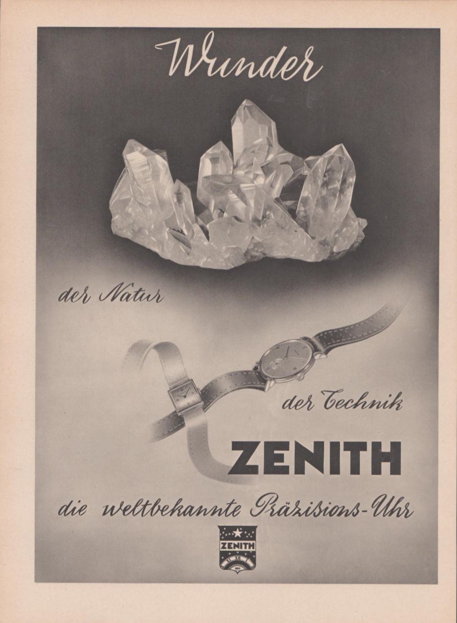 Vintage 1950s Zenith precision watch original print advertisement, black and white image featuring quartz crystal cluster above two elegant dress watches with German text