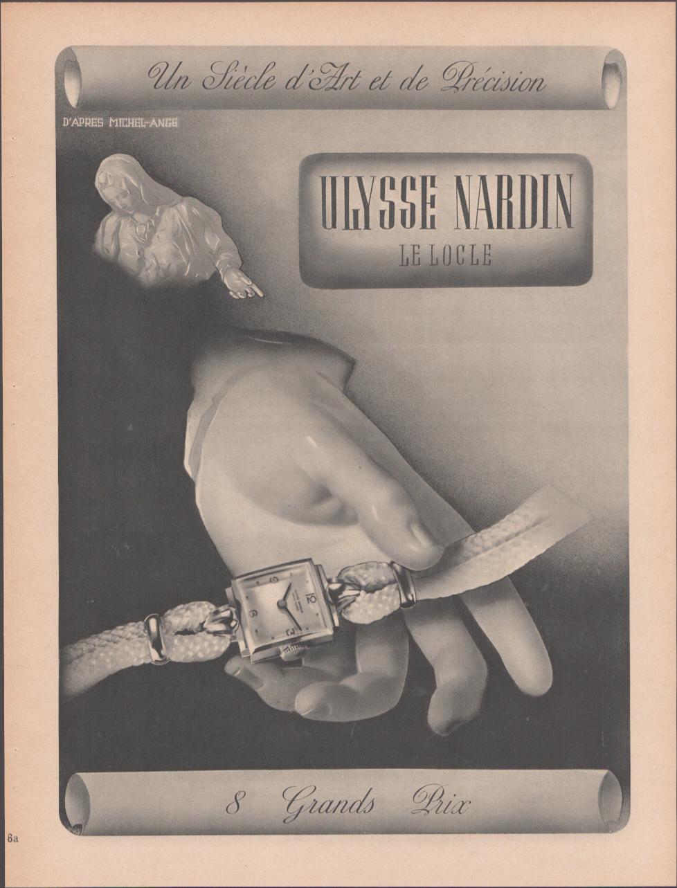 Vintage 1940s Ulysse Nardin Le Locle original print advertisement, black and white image of porcelain hand wearing elegant ladies dress watch with Michelangelo figurine