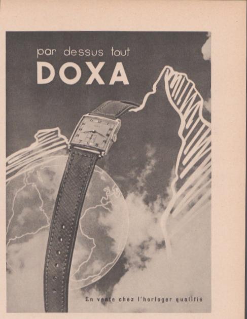 Vintage 1940s Doxa Swiss watch original print advertisement, black and white French-language ad featuring rectangular dress watch draped over globe with stylized alpine mountain