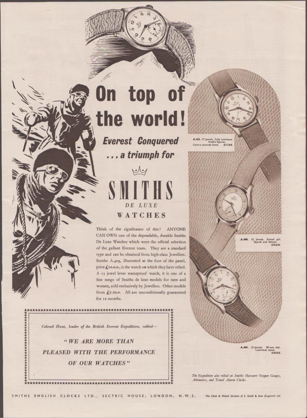 Vintage 1953 Smiths De Luxe Watches original print advertisement, black and white illustration of Everest mountaineers with three watch models and Colonel Hunt endorsement quote