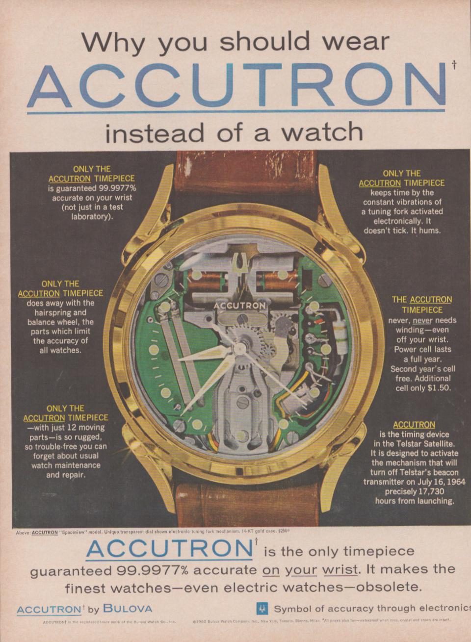 Vintage 1962 Bulova Accutron Spaceview original print advertisement, cutaway gold case revealing green electronic tuning fork movement with technical callouts on dark background